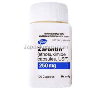 ザロチン Zarontin, エトスクシミド　カプセル, 250mg,　ボトル表面,　製造元：ファイザーザロ